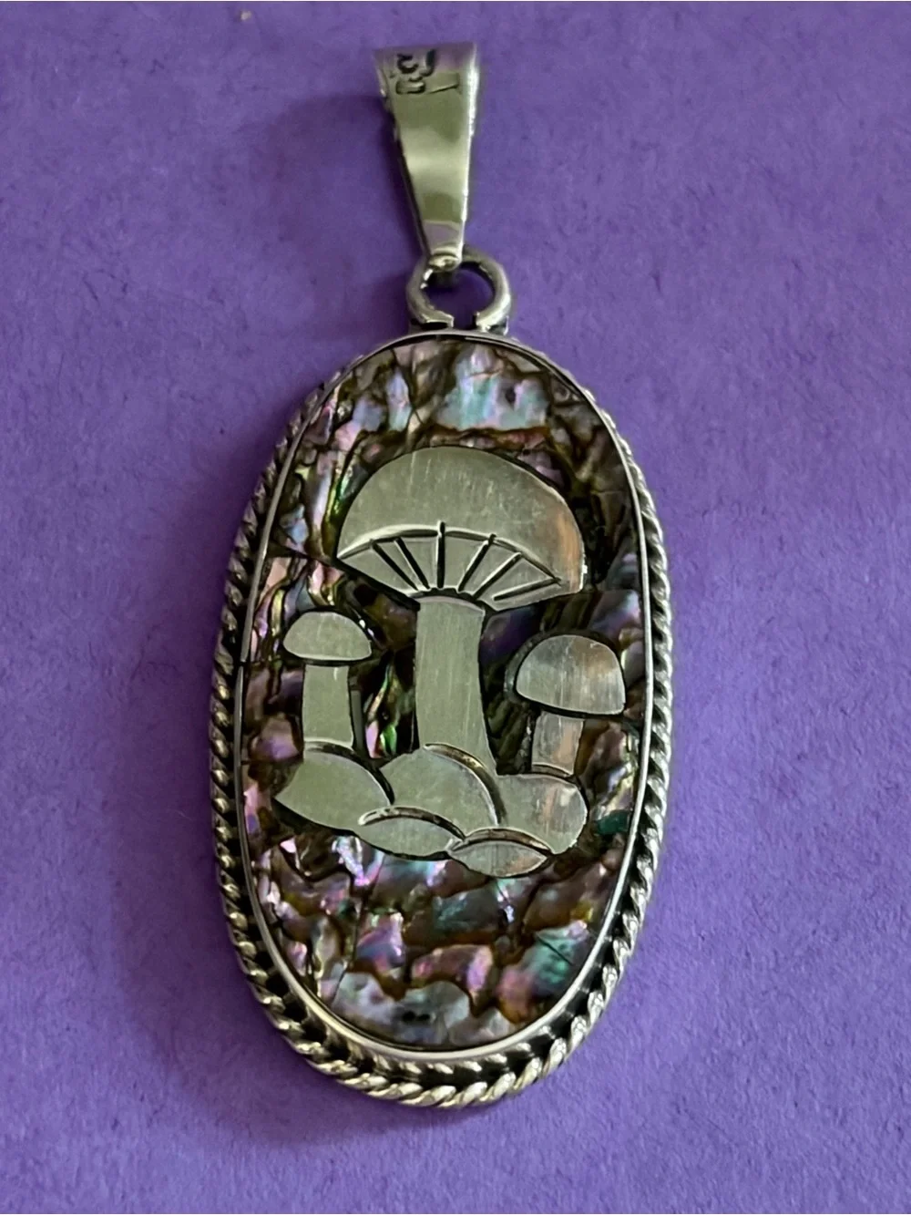 Taxco Sterling Silver Abalone Mushroom Pendant - Iridescent Purple and Green